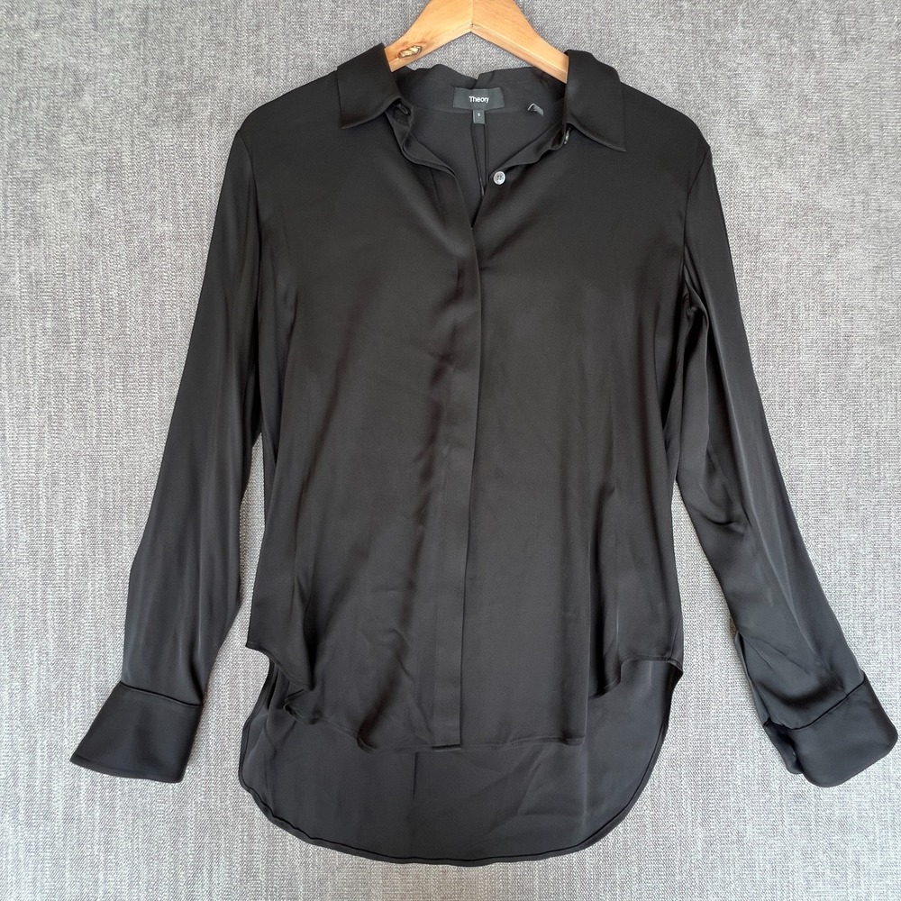 Theory Sunaya Shirt Top Womens S Black Silk Stretch Long Sleeve Office Casual